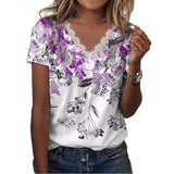 Women's Casual Loose Printed V-neck Ruffled Short Sleeves T-shirt