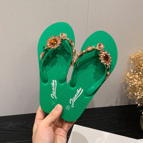 Summer New SUNFLOWER Outer Wear Flat High-grade Diamond-embedded Beach Slippers