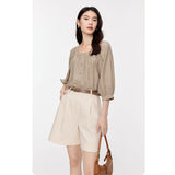 Loose All-match Square Collar Retro Pleating Shirt For Women