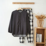 Color Woven Double Gauze Couple Cotton Pajamas Set Day Round Collar Long Sleeve Four Seasons Thin Men And Women Home