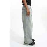 Men's Loose Washed-out Brushed White Light Blue Denim Coat Trousers