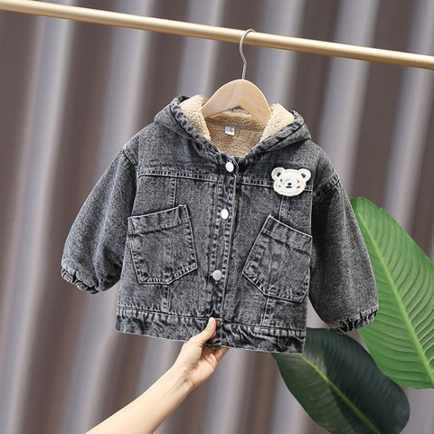 Small And Medium-sized Children's Thickened Plus Velvet Denim Jacket For Boys