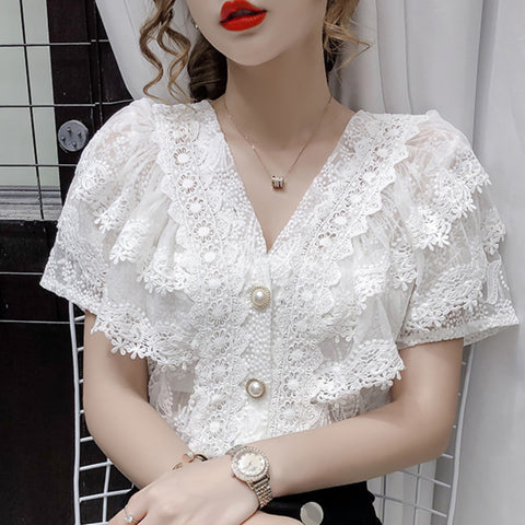 French Style Elegant V-neck Single-breasted Lace Shirt Western Style