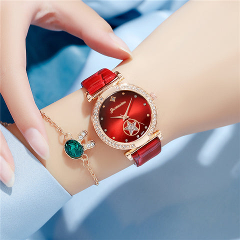 Simple Glossy Rhinestone Ladies Leather Strap Quartz Watch