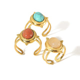 Women's Retro Fashion 18K Gold Stainless Steel Natural Stone Turquoise Open Ring