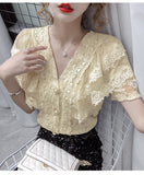 French Style Elegant V-neck Single-breasted Lace Shirt Western Style