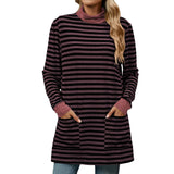 Sweat-shirt long imprimé rayé à la mode avec poche ample à manches longues T-shirt haut pour femmes