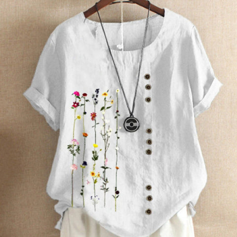 Retro Cotton And Linen Printed Loose Short-sleeved Shirt For Women