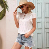 Women's Crocheted Flower Hollow Out Tied Round Neck Ruffle Sleeve T-shirt