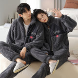 Flannel Couple Pajamas Men's Autumn And Winter Thickened Keep Warm New Zipper Cardigan Cute Coral Fleece Homewear