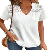 Women's Lace Ruffled Short Sleeves V-neck Patchwork Hollow Top Shirt