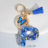 New Resin Blue Stone Letter Butterfly Tassel Letter Key Chain