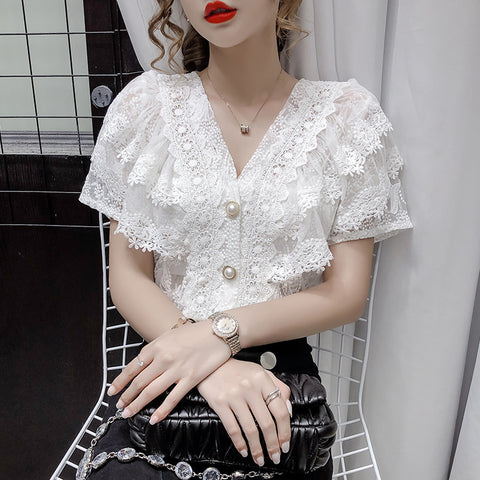 French Style Elegant V-neck Single-breasted Lace Shirt Western Style