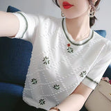 Women's Short-sleeved T-shirt Round Neck Embroidered