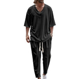 Men's Casual Solid Color Pullover V-neck Short Tube Drawstring Cufflinks Design Trousers Suit