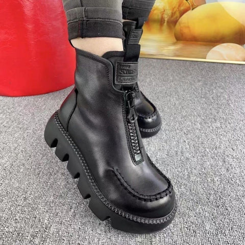 Cotton Boots Soft Full Grain Leather Retro Platform Motorcycle Boots Muffin Heel