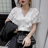 French Style Elegant V-neck Single-breasted Lace Shirt Western Style