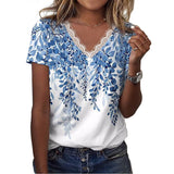 Women's Casual Loose Printed V-neck Ruffled Short Sleeves T-shirt