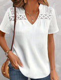 Women's Lace Ruffled Short Sleeves V-neck Patchwork Hollow Top Shirt