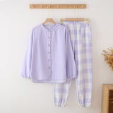 Color Woven Double Gauze Couple Cotton Pajamas Set Day Round Collar Long Sleeve Four Seasons Thin Men And Women Home