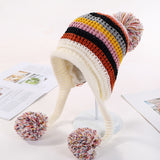 Two Layers Earflap Hat Fleece Lined Colorful Big Ball Skullies Beanies