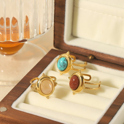 Women's Retro Fashion 18K Gold Stainless Steel Natural Stone Turquoise Open Ring