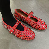 Sheepskin Round Toe Rhinestone Rivet Mary Jane Shoes Women's Flat Dancing Shoes