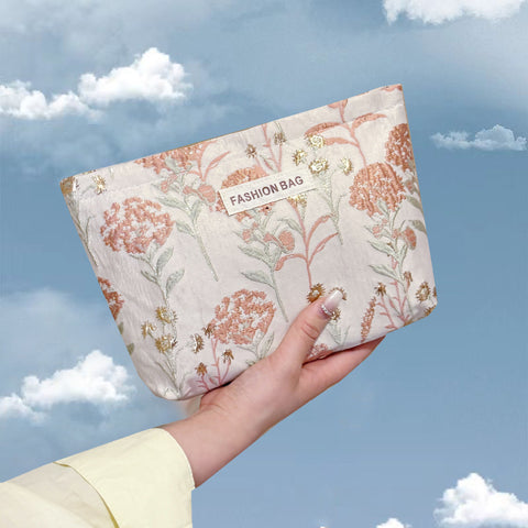 Ins Cream Embroidery Flowers High Sense Cosmetic Bag Large Capacity Toner And Lotion Buggy Bag