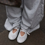 Sheepskin Round Toe Rhinestone Rivet Mary Jane Shoes Women's Flat Dancing Shoes