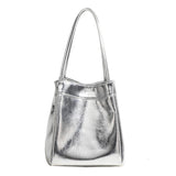 Lunch Box Bag Silver Bright Leather Portable Small Square Bag