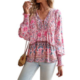 European And American Printed Shirt Women V-neck Long Sleeve Top