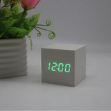 Minimalist Cube shaped sound-sensitive wooden digital clock with temperature display