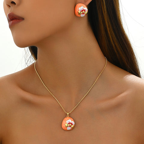 Necklace And Earrings Suite Women's Oil-coated Flower Design