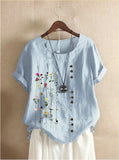 Retro Cotton And Linen Printed Loose Short-sleeved Shirt For Women