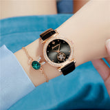 Simple Glossy Rhinestone Ladies Leather Strap Quartz Watch