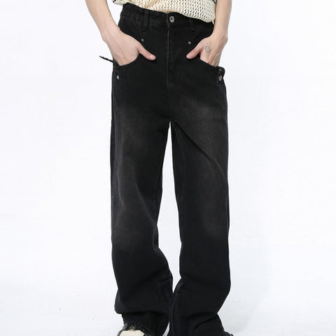 Straight Wide Leg Black Denim Fashionable Trousers