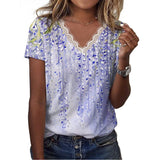 Women's Casual Loose Printed V-neck Ruffled Short Sleeves T-shirt