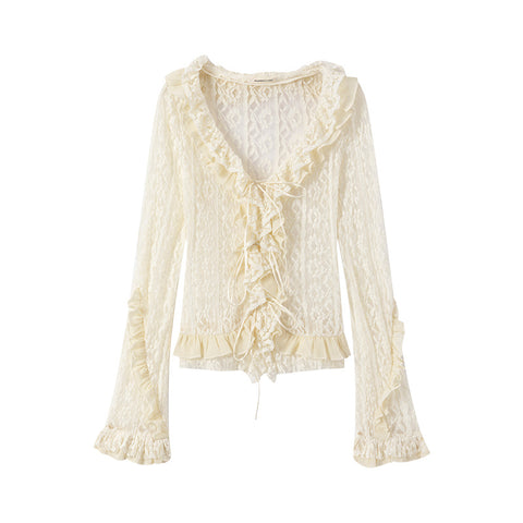 Lace Tie With Fungus Edge Long Sleeved Pullover