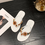 Summer New SUNFLOWER Outer Wear Flat High-grade Diamond-embedded Beach Slippers