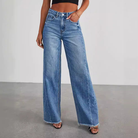 Women's Loose Wide-leg Side Seam Stitching Frayed Hem Jeans