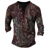 Printed Retro Fashion Casual Henry Neck Long Sleeves T-shirt