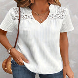 Women's Lace Ruffled Short Sleeves V-neck Patchwork Hollow Top Shirt