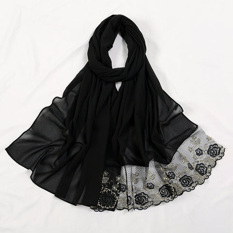 Flower Lace Pearl Chiffon Scarf