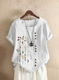 Retro Cotton And Linen Printed Loose Short-sleeved Shirt For Women