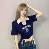 Contrast Color Drawstring Thin Print T-shirt