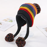 Two Layers Earflap Hat Fleece Lined Colorful Big Ball Skullies Beanies