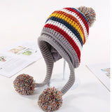 Two Layers Earflap Hat Fleece Lined Colorful Big Ball Skullies Beanies