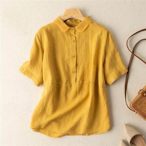 Solid Color Short Sleeve Pullover Linen Shirt