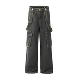 Ribbon Design Multi-pocket Workwear Denim Trousers Men