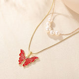 Colorful Butterfly  Princess Same Necklace Double Layer Pearl Necklace Colorful Butterfly Neck Chain